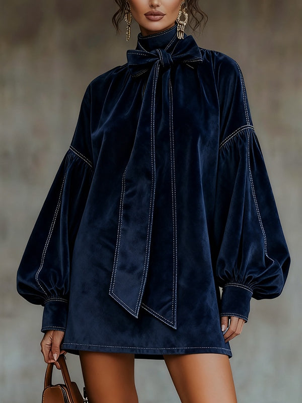 Dark Blue Velvet Bow Lantern Sleeve Mini Dress - Seldom Seen Styles