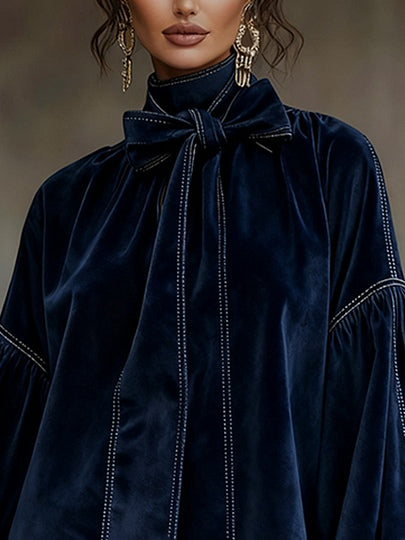 Dark Blue Velvet Bow Lantern Sleeve Mini Dress - Seldom Seen Styles
