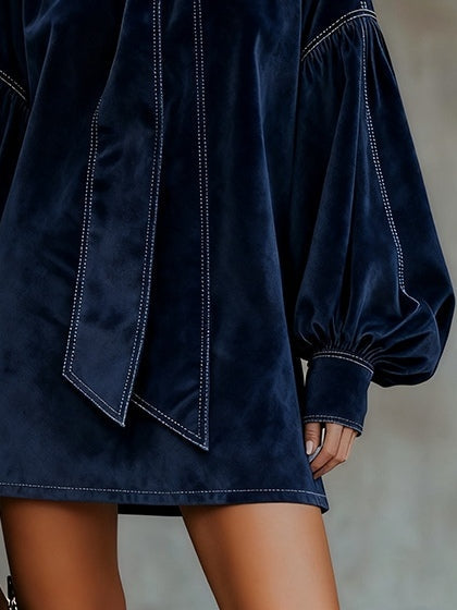 Dark Blue Velvet Bow Lantern Sleeve Mini Dress - Seldom Seen Styles