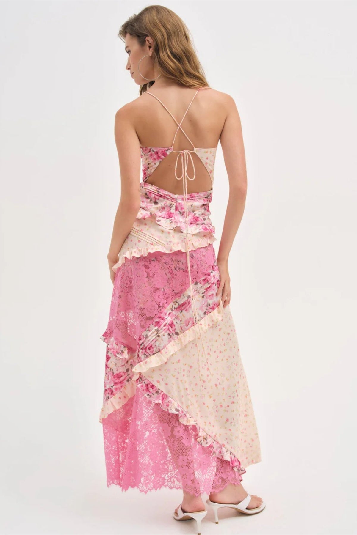 Deep V Ruffle Floral Lace Patchwork Cami Maxi Dress - Seldom Seen Styles