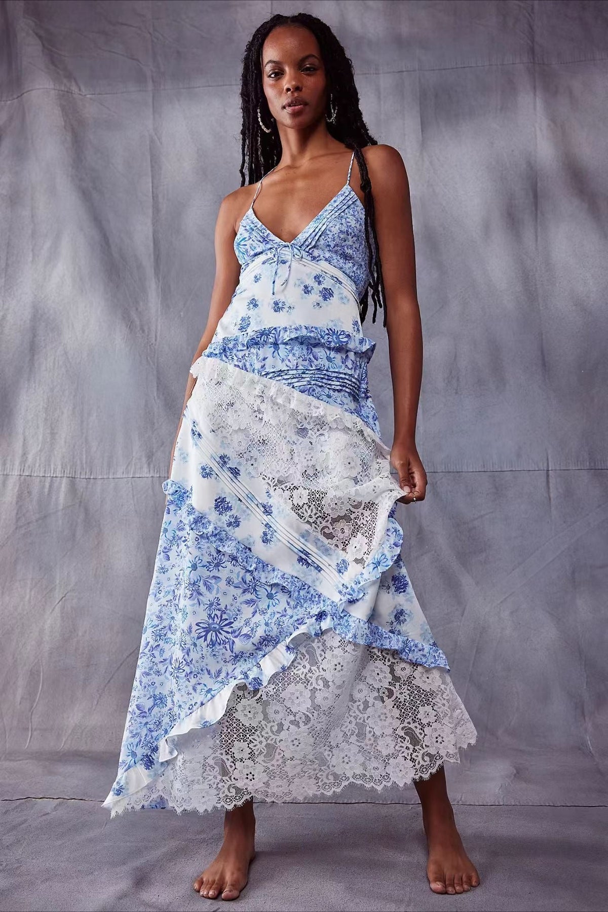 Deep V Ruffle Floral Lace Patchwork Cami Maxi Dress - Seldom Seen Styles