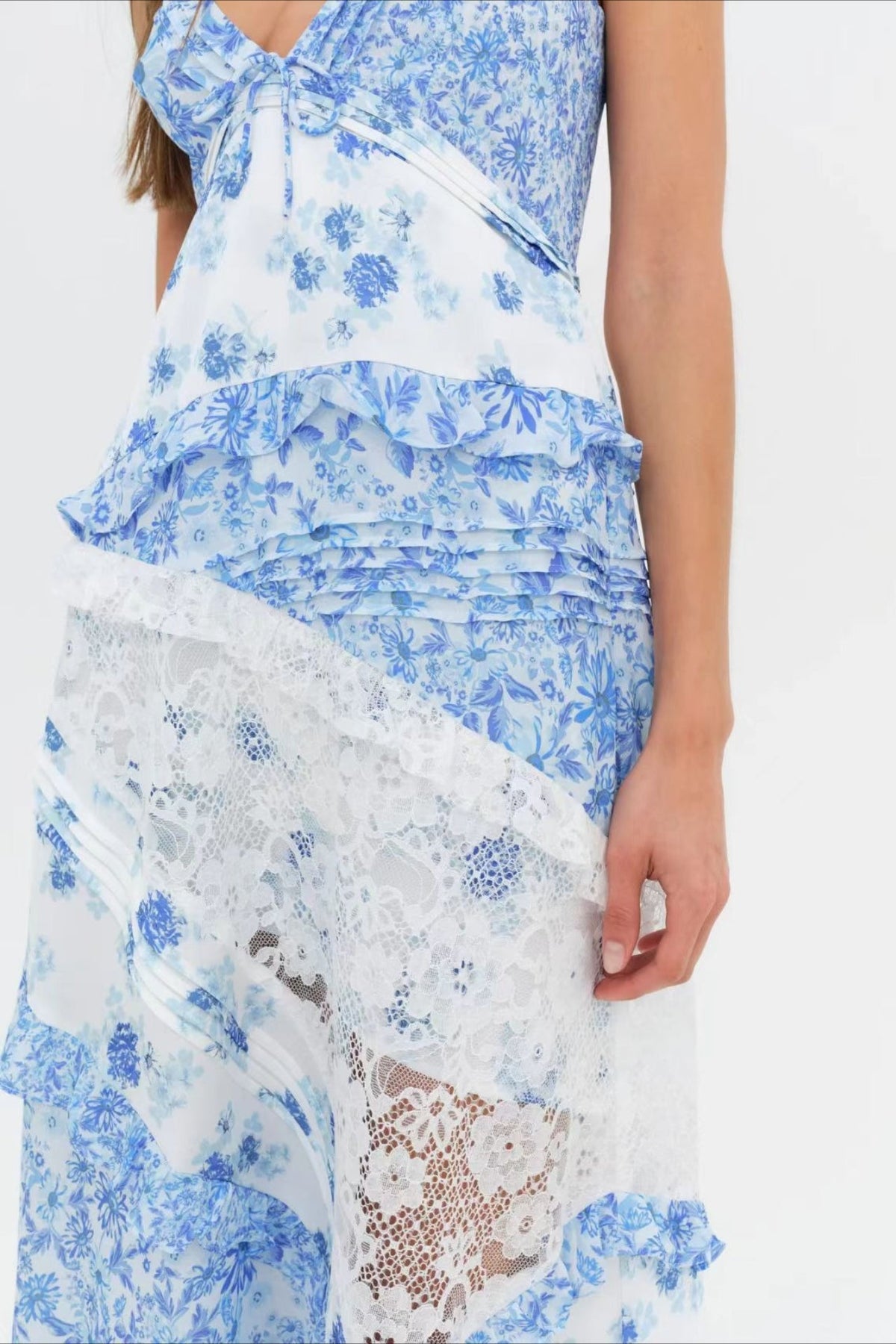 Deep V Ruffle Floral Lace Patchwork Cami Maxi Dress - Seldom Seen Styles