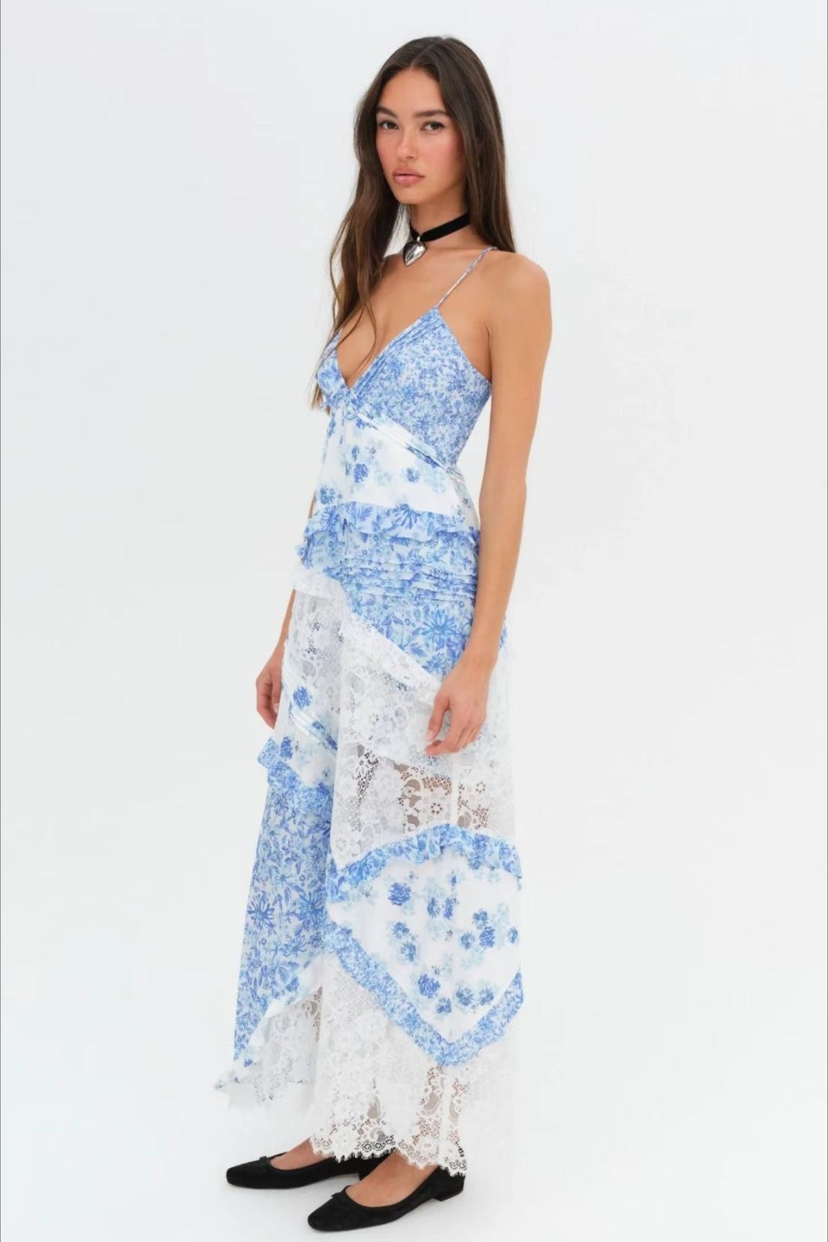 Deep V Ruffle Floral Lace Patchwork Cami Maxi Dress - Seldom Seen Styles