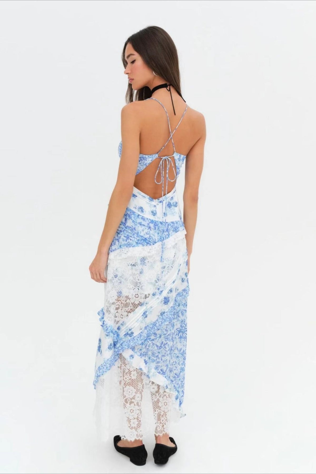 Deep V Ruffle Floral Lace Patchwork Cami Maxi Dress - Seldom Seen Styles