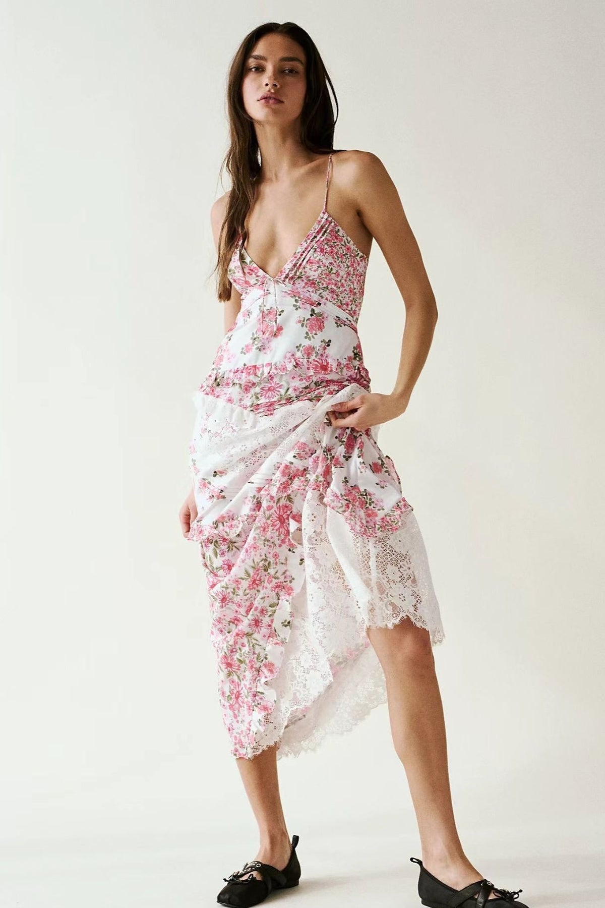 Deep V Ruffle Floral Lace Patchwork Cami Maxi Dress - Seldom Seen Styles
