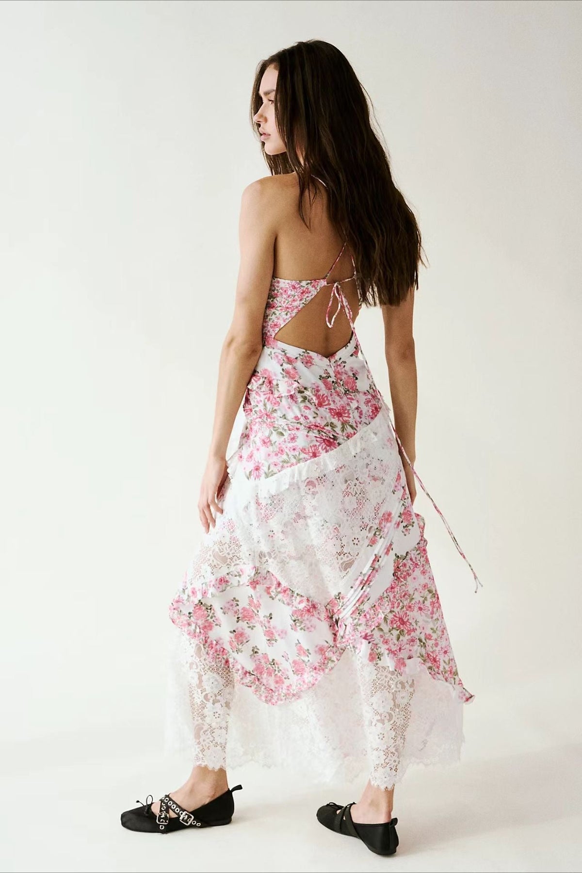 Deep V Ruffle Floral Lace Patchwork Cami Maxi Dress - Seldom Seen Styles