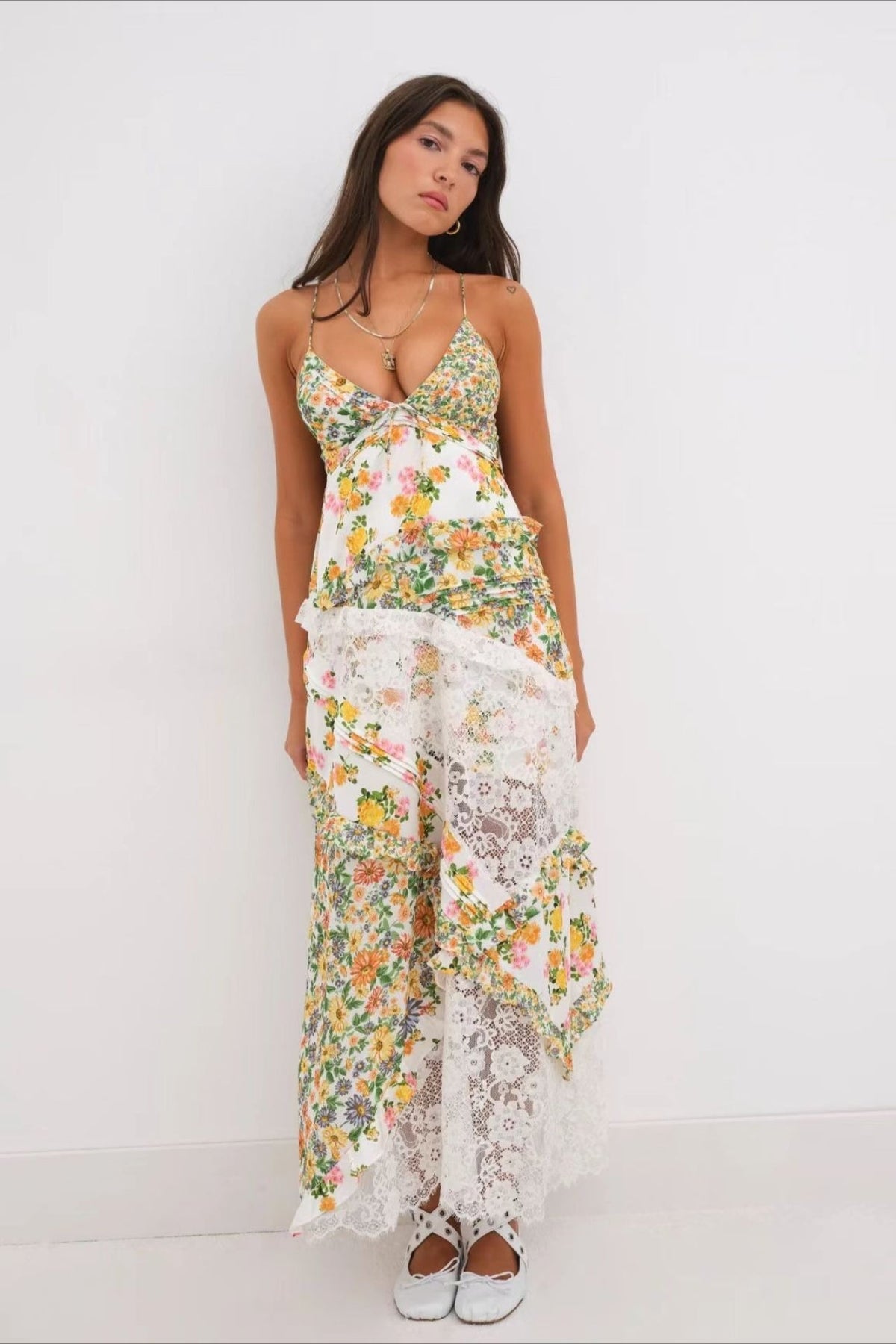 Deep V Ruffle Floral Lace Patchwork Cami Maxi Dress - Seldom Seen Styles