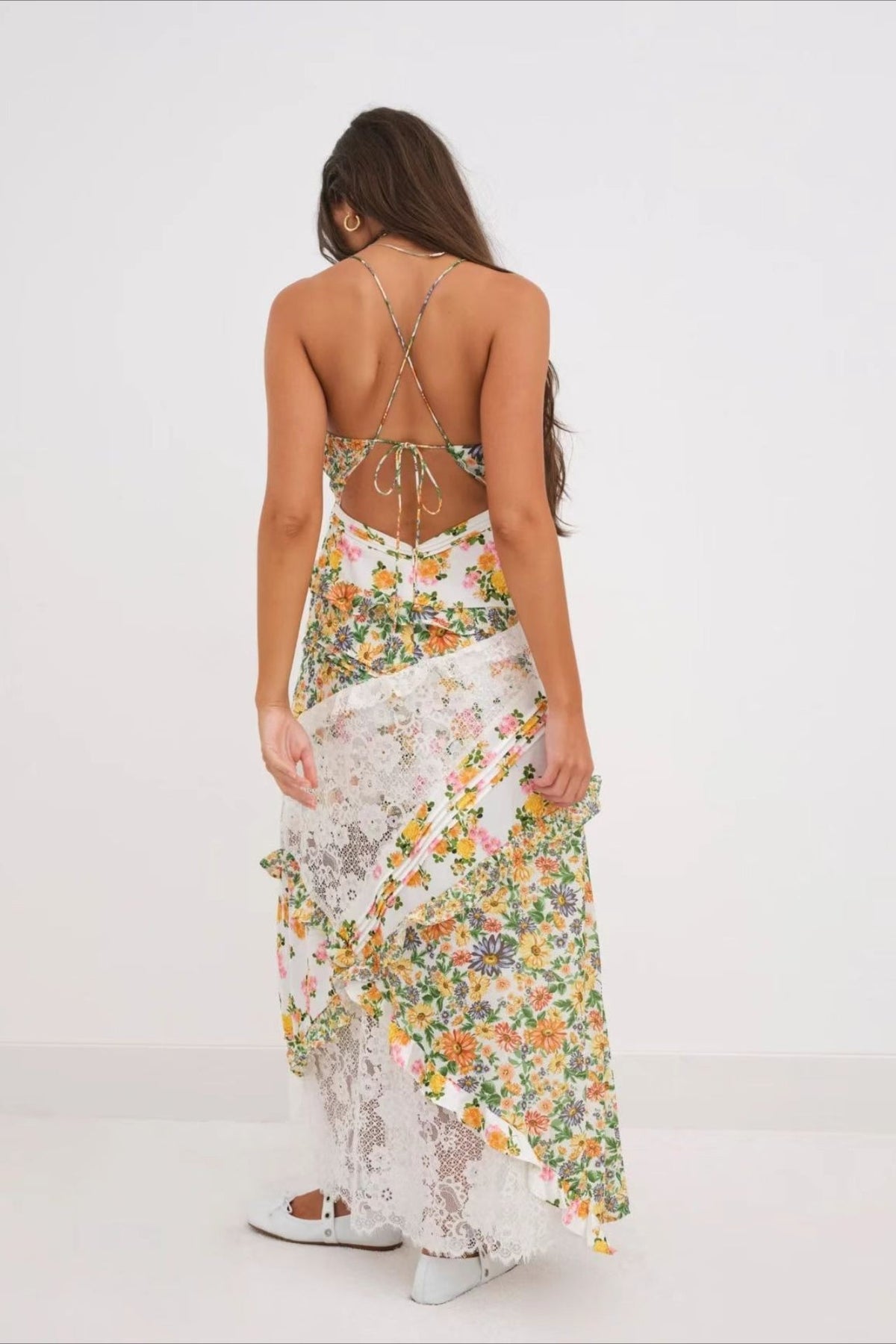 Deep V Ruffle Floral Lace Patchwork Cami Maxi Dress - Seldom Seen Styles