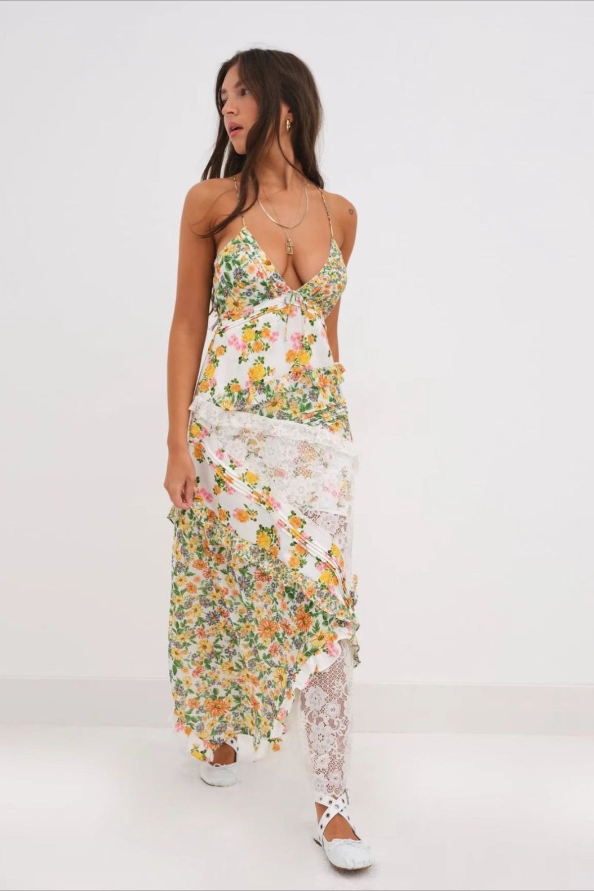 Deep V Ruffle Floral Lace Patchwork Cami Maxi Dress - Seldom Seen Styles