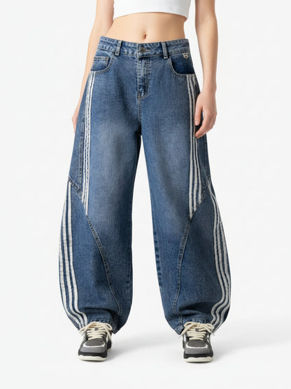 Jean barrel en denim à rayures contrastantes et surpiqûres - 2504