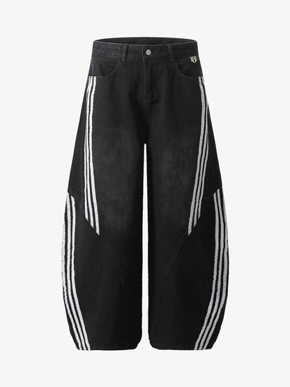 Jean barrel en denim à rayures contrastantes et surpiqûres - 2504