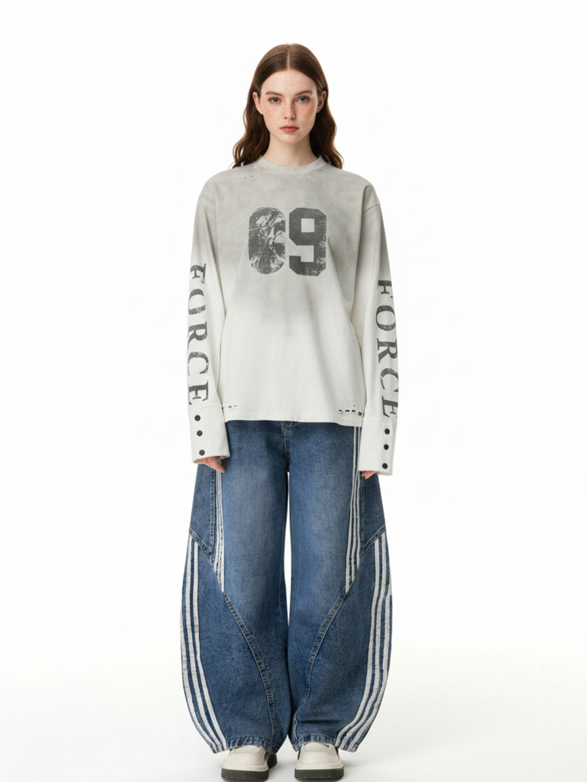 Denim Contrast Striped Stitching Barrel Jeans - 2504 - Seldom Seen Styles