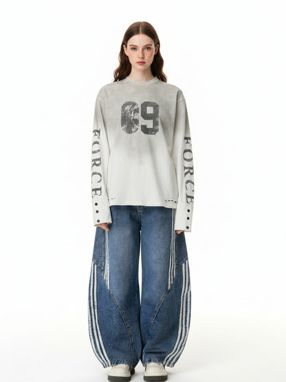 Jean barrel en denim à rayures contrastantes et surpiqûres - 2504