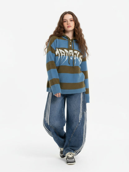 Jean barrel en denim à rayures contrastantes et surpiqûres - 2504