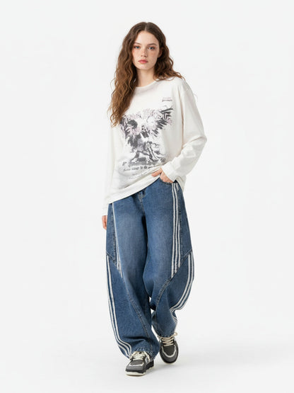 Jean barrel en denim à rayures contrastantes et surpiqûres - 2504