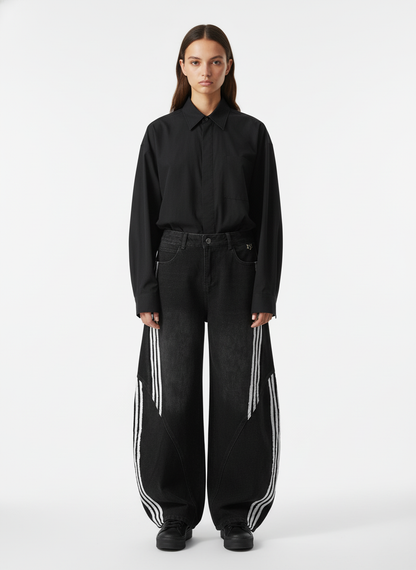 Jean barrel en denim à rayures contrastantes et surpiqûres - 2504
