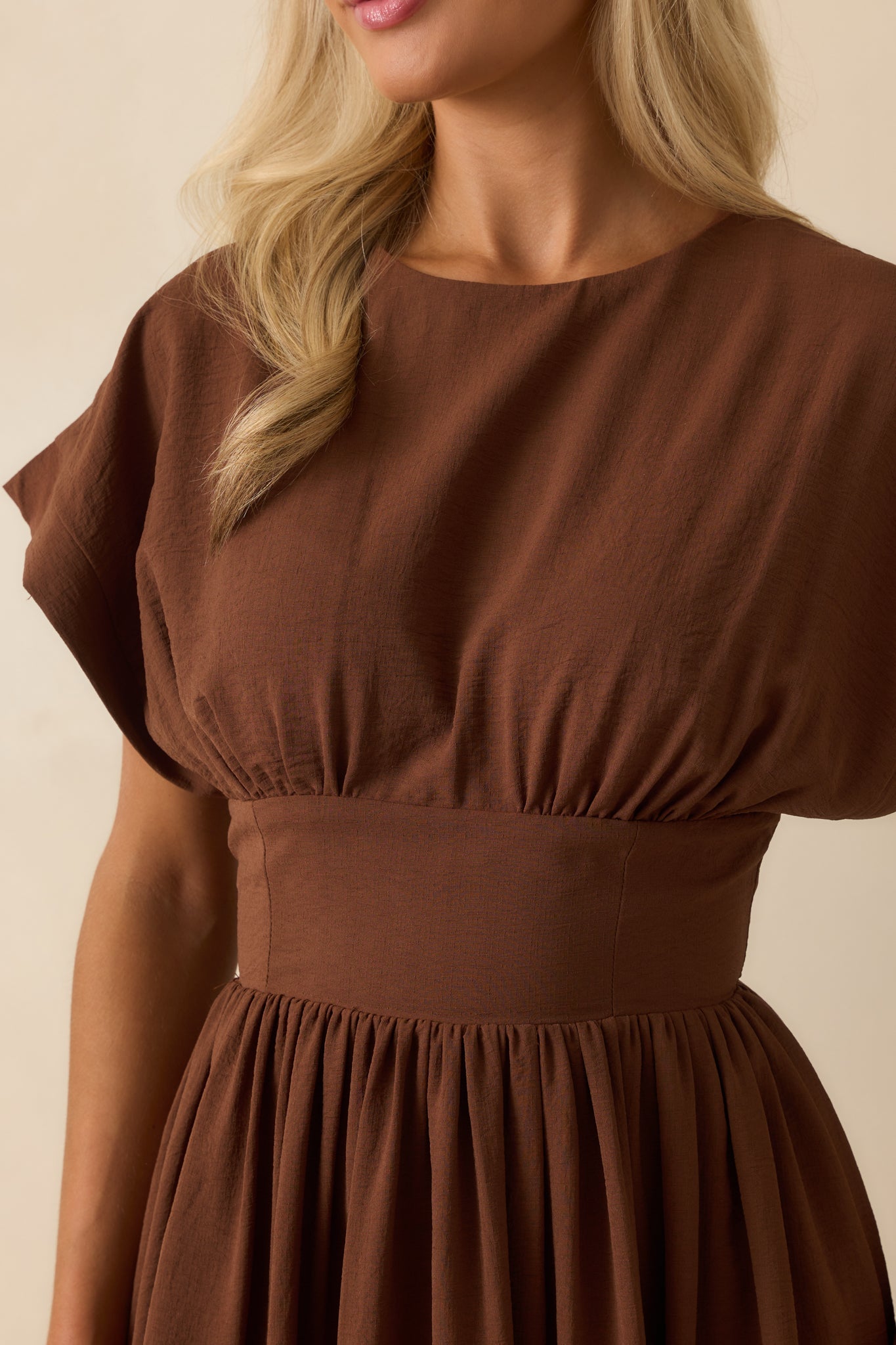As Promised Brown Short Sleeve Cinched Waist Maxi Dress - Seldom Seen Styles