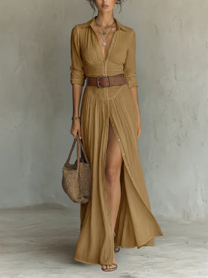 Robe Maxi Longue avec Col Revers et Manches Longues en Lin pour Femme