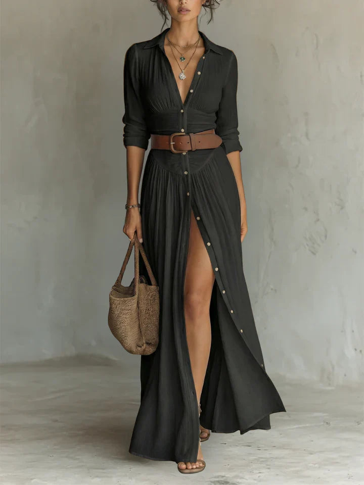 Robe Maxi Longue avec Col Revers et Manches Longues en Lin pour Femme