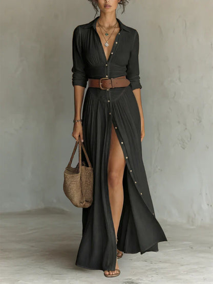 Robe Maxi Longue avec Col Revers et Manches Longues en Lin pour Femme
