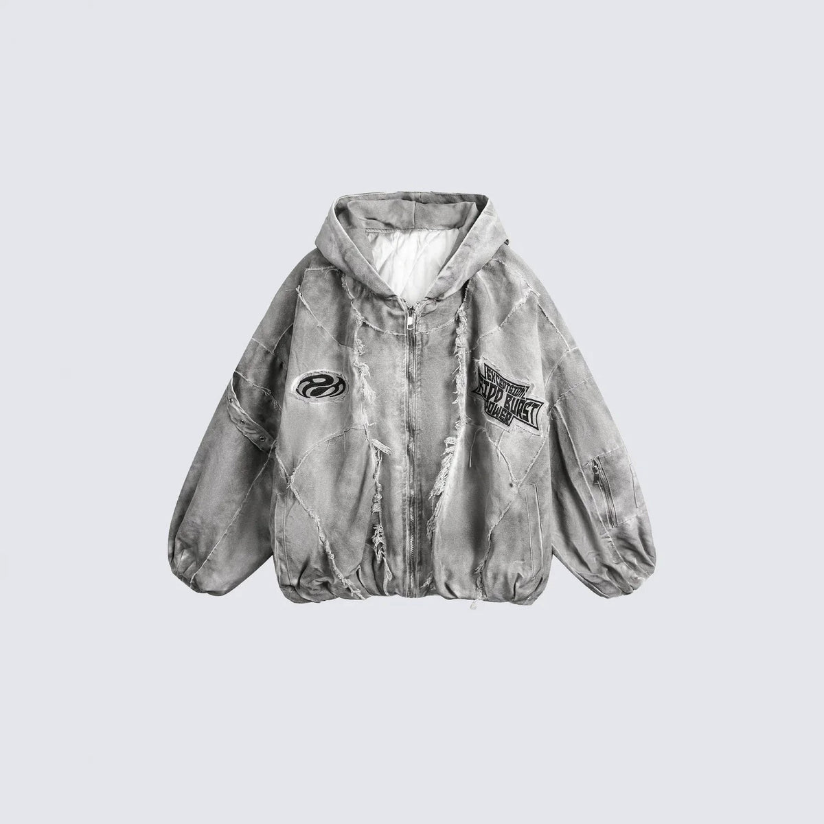 Distressed Embroidered Padded Hooded Jacket - Seldom Seen Styles