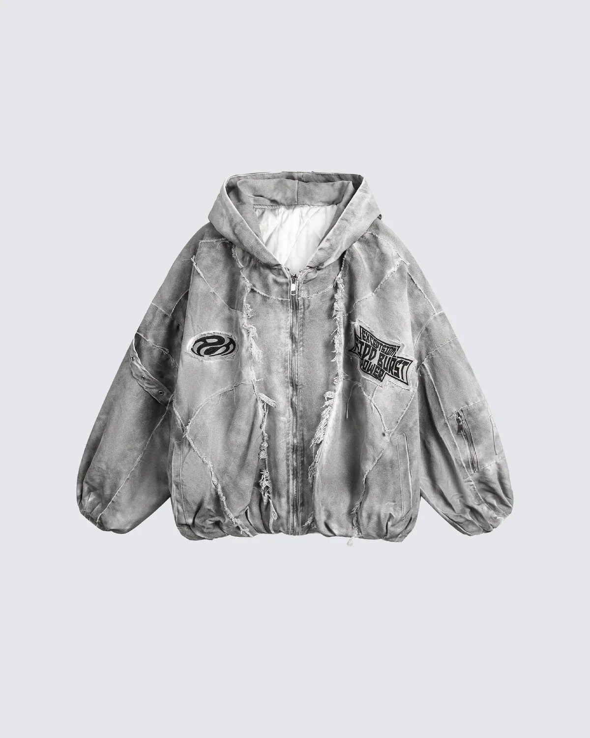 Distressed Embroidered Padded Hooded Jacket - Seldom Seen Styles