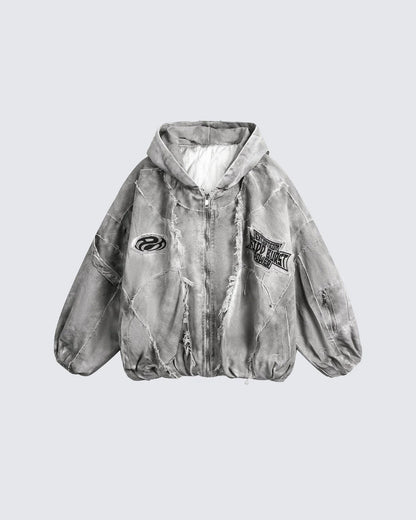 Distressed Embroidered Padded Hooded Jacket