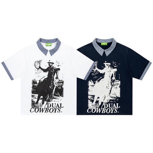 Dual Cowboys Graphic T-Shirt Short Sleeve Contrast Collar Oversized Casual Summer Streetwear Tee | Dual Cowboys Tee - Seldom Seen Styles