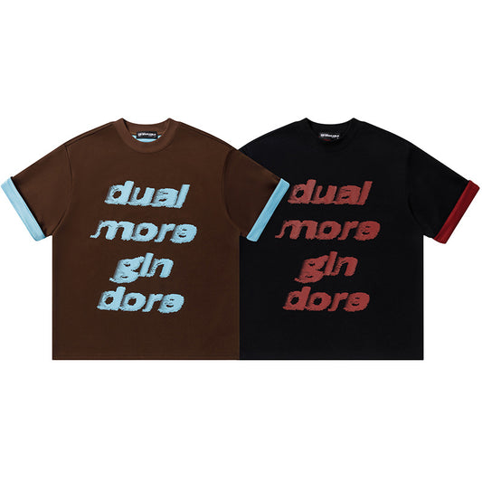 Dual More Gin Dore Graphic Oversized T-Shirt Contrast Cuff Crew Neck Casual Summer Streetwear Tee | Dual More Tee - Seldom Seen Styles