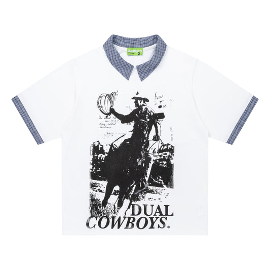 DuoMatch Dual Cowboys Rodeo Graphic Fake Two-Piece Tee Plaid Collar Cuff Patchwork Streetwear Short Sleeve T-Shirt - Seldom Seen Styles