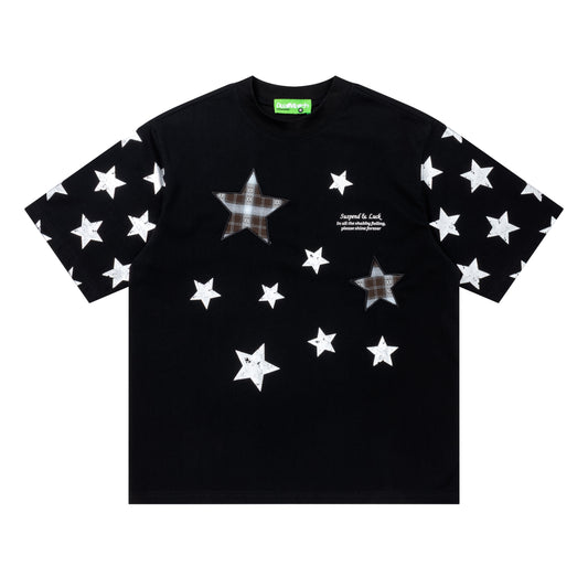 DuoMatch Suspend Luck Tartan Star Applique Oversized Tee Plaid Patch Allover Star Print Streetwear Short Sleeve T-Shirt - Seldom Seen Styles