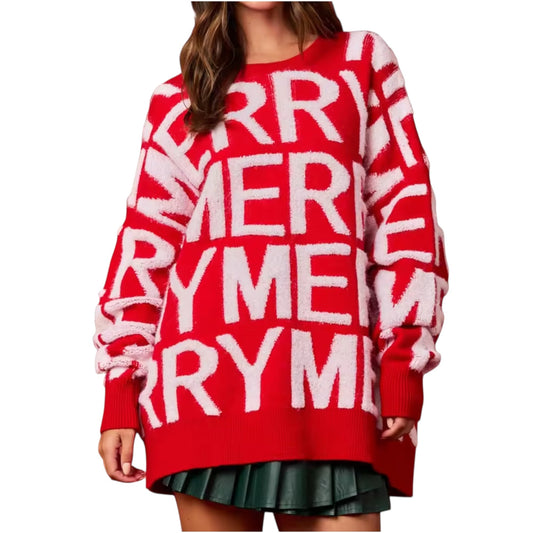 Holiday Merry Sweater, Festive Red Christmas Thick Cozy Oversized Knit - Seldom Seen Styles
