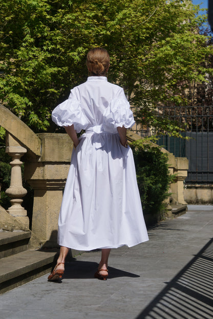 Women's White Maxi Dress Button Up Puff Sleeve Loose Fit Casual Summer Shirt Dress