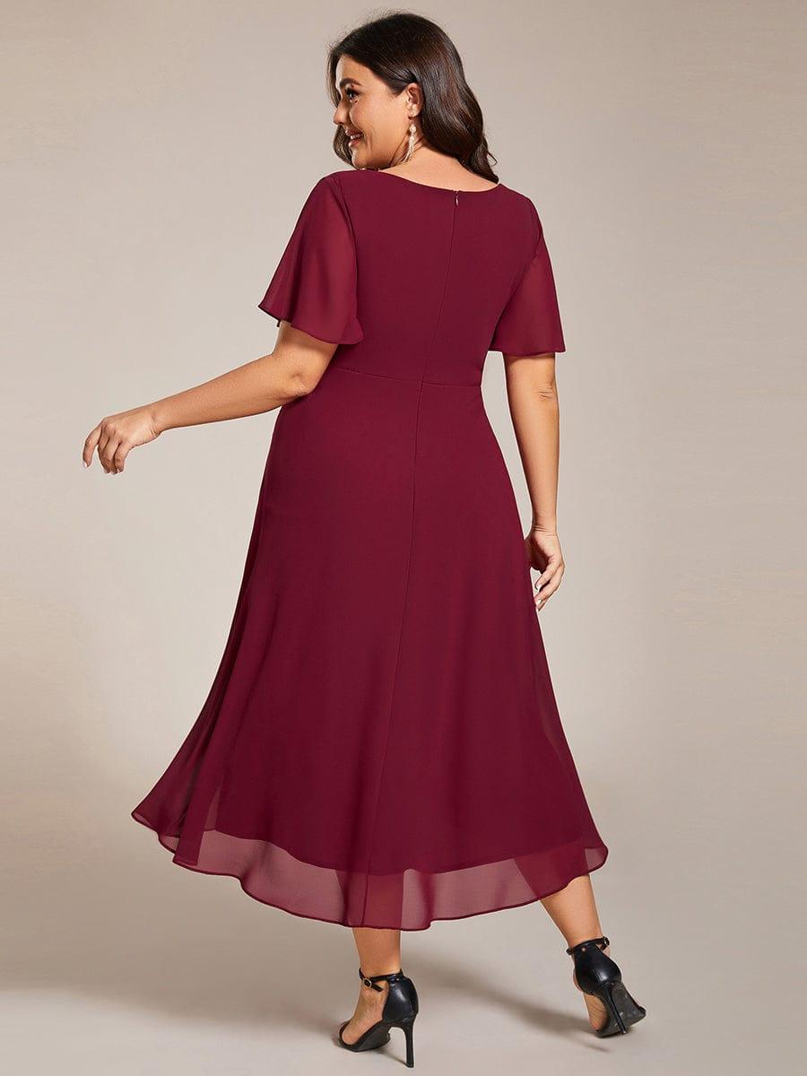 Ruffles Sleeve Pleated V-Neck A-Line Midi Chiffon Wedding Guest Dress #color_Burgundy