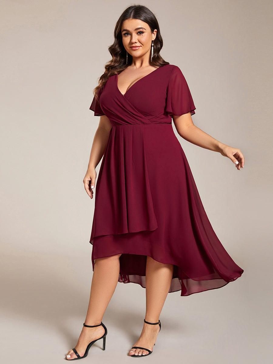 Ruffles Sleeve Pleated V-Neck A-Line Midi Chiffon Wedding Guest Dress #color_Burgundy