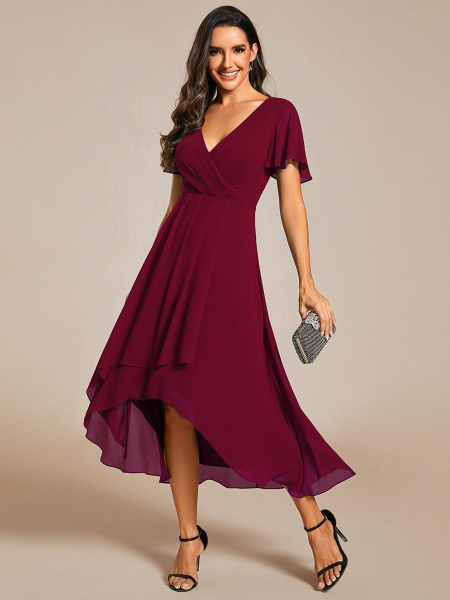 ever LARK|Ruffles Sleeve Pleated V-Neck A-Line Midi Chiffon Wedding Guest Dress - Seldom Seen Styles