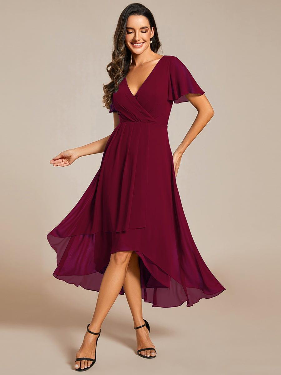 ever LARK|Ruffles Sleeve Pleated V-Neck A-Line Midi Chiffon Wedding Guest Dress - Seldom Seen Styles