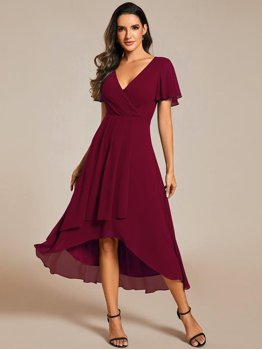 Ruffles Sleeve Pleated V-Neck A-Line Midi Chiffon Wedding Guest Dress #color_Burgundy