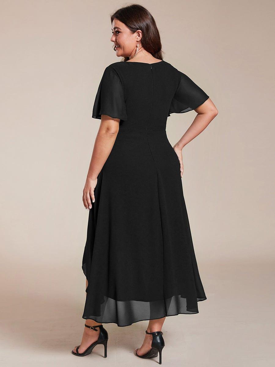 ever LARK|Ruffles Sleeve Pleated V-Neck A-Line Midi Chiffon Wedding Guest Dress - Seldom Seen Styles
