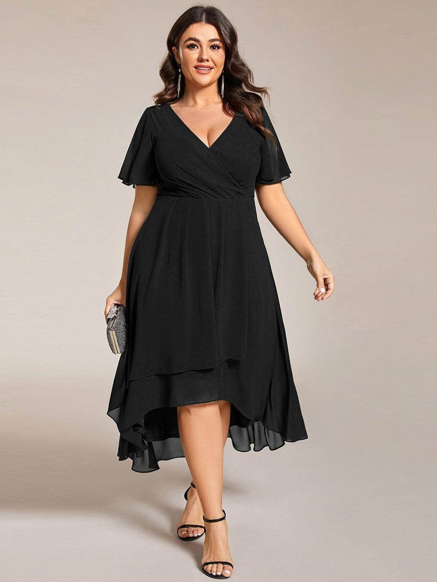ever LARK|Ruffles Sleeve Pleated V-Neck A-Line Midi Chiffon Wedding Guest Dress - Seldom Seen Styles