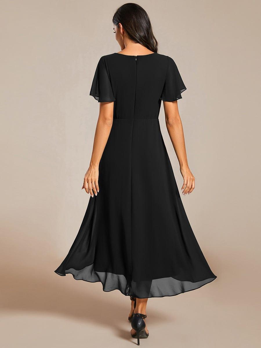 ever LARK|Ruffles Sleeve Pleated V-Neck A-Line Midi Chiffon Wedding Guest Dress - Seldom Seen Styles