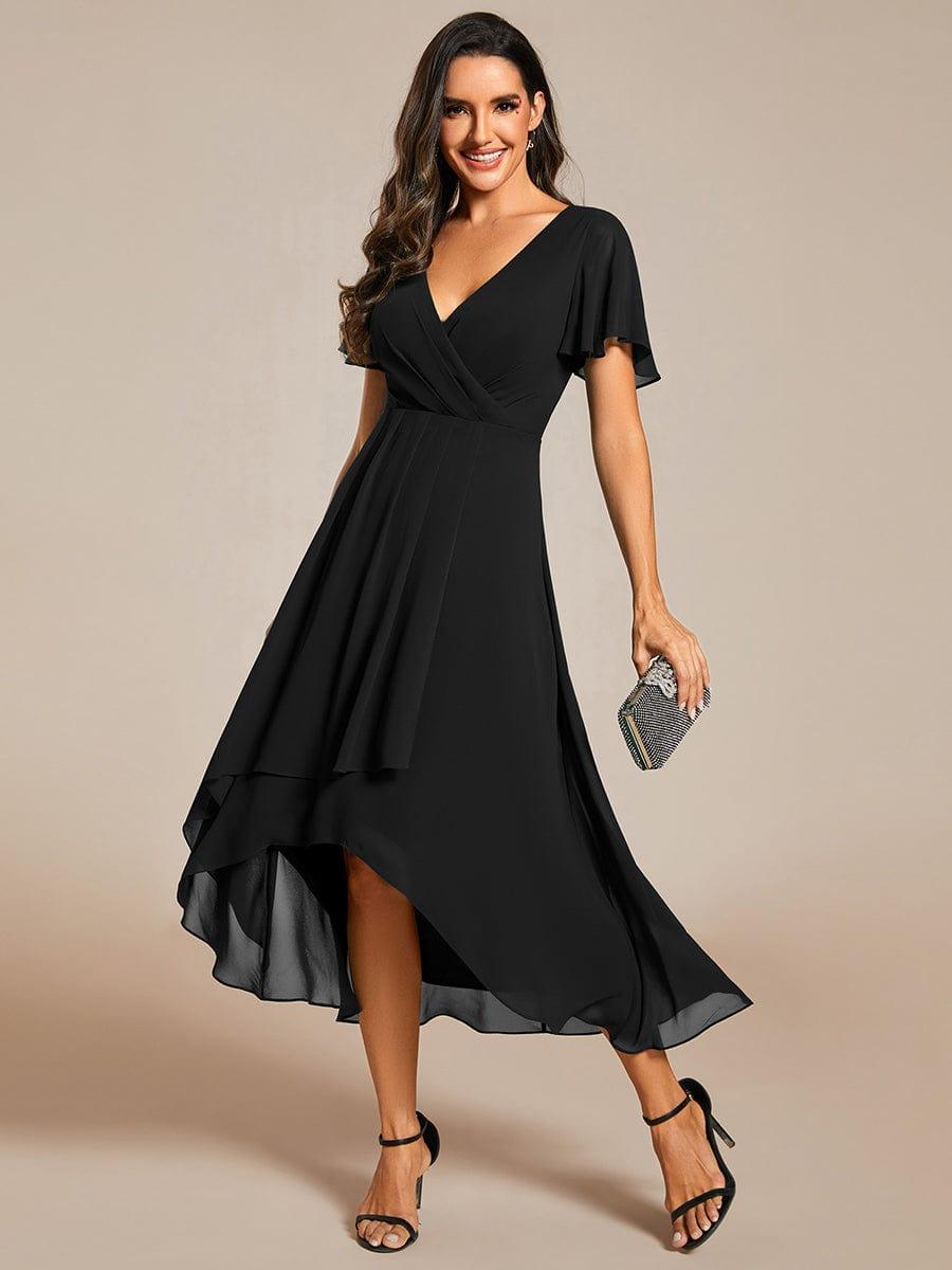 ever LARK|Ruffles Sleeve Pleated V-Neck A-Line Midi Chiffon Wedding Guest Dress - Seldom Seen Styles