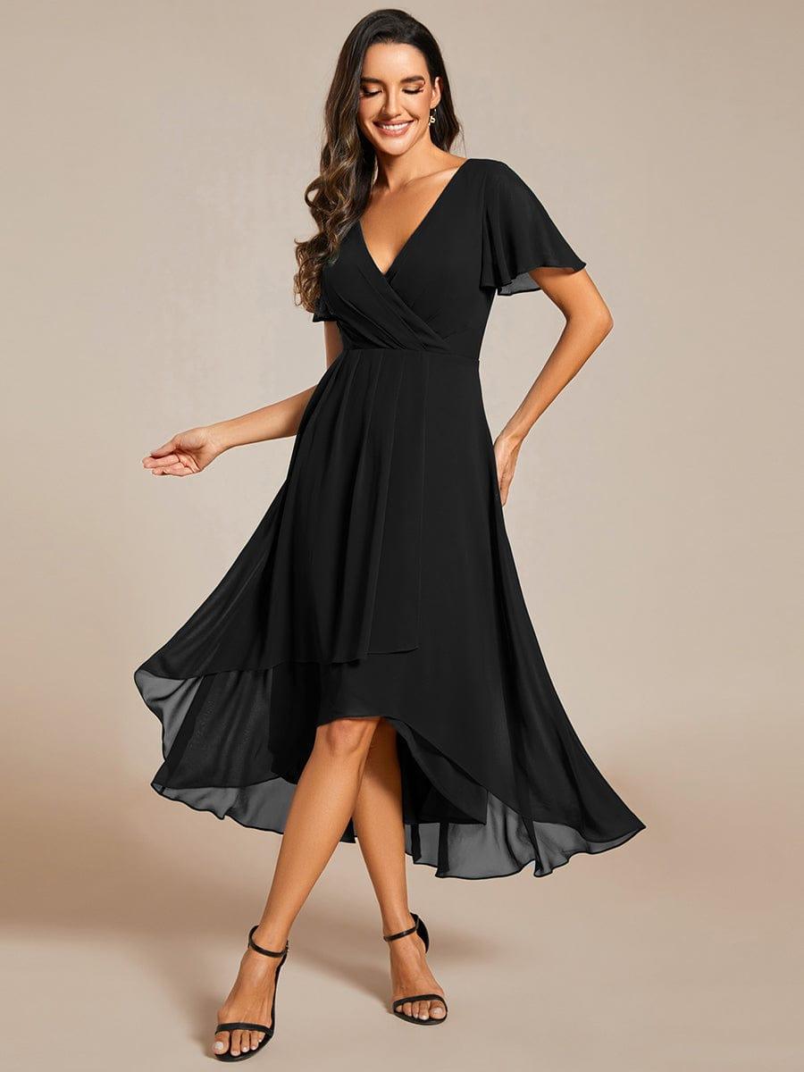 ever LARK|Ruffles Sleeve Pleated V-Neck A-Line Midi Chiffon Wedding Guest Dress - Seldom Seen Styles