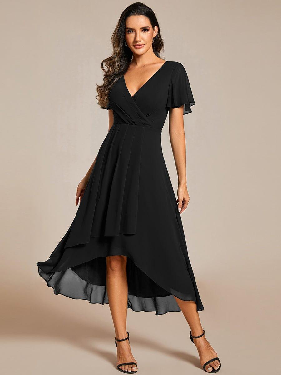 ever LARK|Ruffles Sleeve Pleated V-Neck A-Line Midi Chiffon Wedding Guest Dress - Seldom Seen Styles