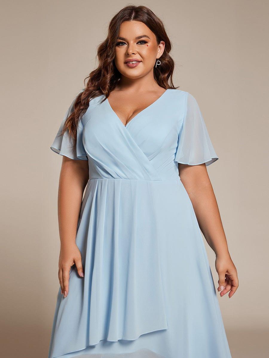 Ruffles Sleeve Pleated V-Neck A-Line Midi Chiffon Wedding Guest Dress #color_Sky Blue