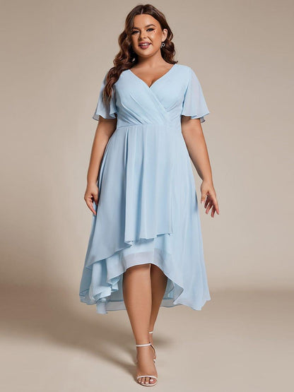 ever LARK|Ruffles Sleeve Pleated V-Neck A-Line Midi Chiffon Wedding Guest Dress
