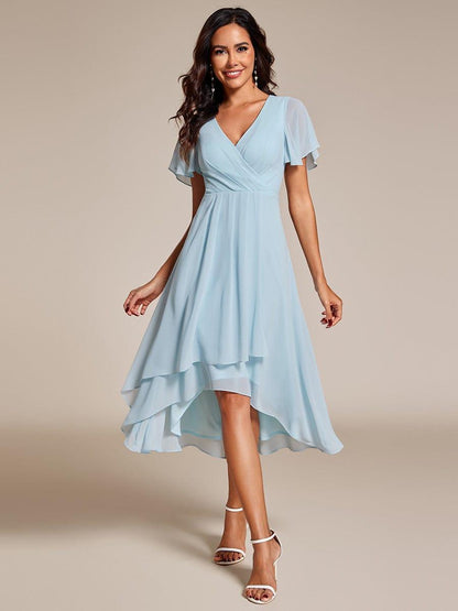 ever LARK|Ruffles Sleeve Pleated V-Neck A-Line Midi Chiffon Wedding Guest Dress