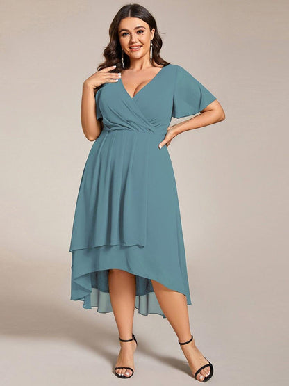 ever LARK|Ruffles Sleeve Pleated V-Neck A-Line Midi Chiffon Wedding Guest Dress