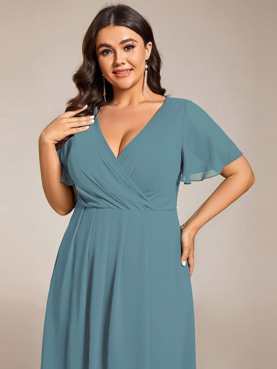 Ruffles Sleeve Pleated V-Neck A-Line Midi Chiffon Wedding Guest Dress #color_Light Teal