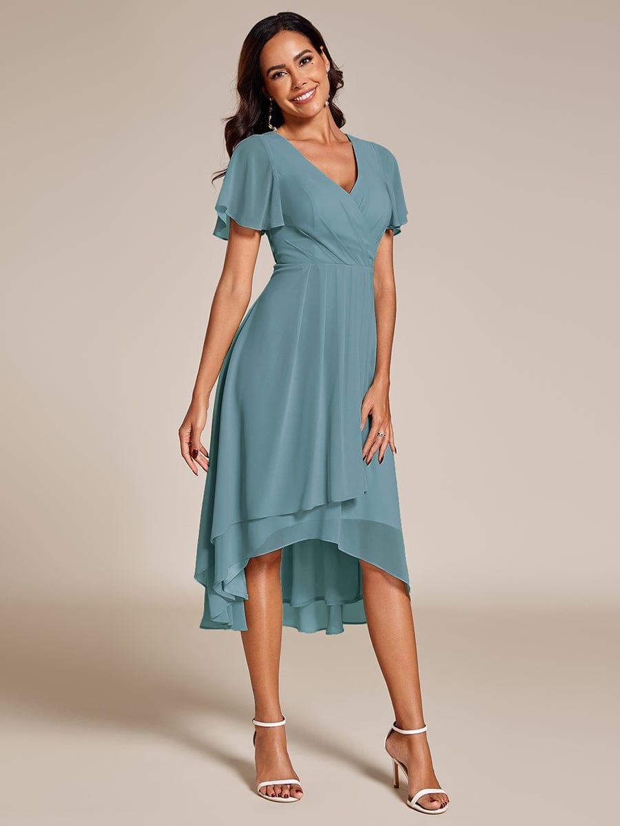 Ruffles Sleeve Pleated V-Neck A-Line Midi Chiffon Wedding Guest Dress #color_Light Teal